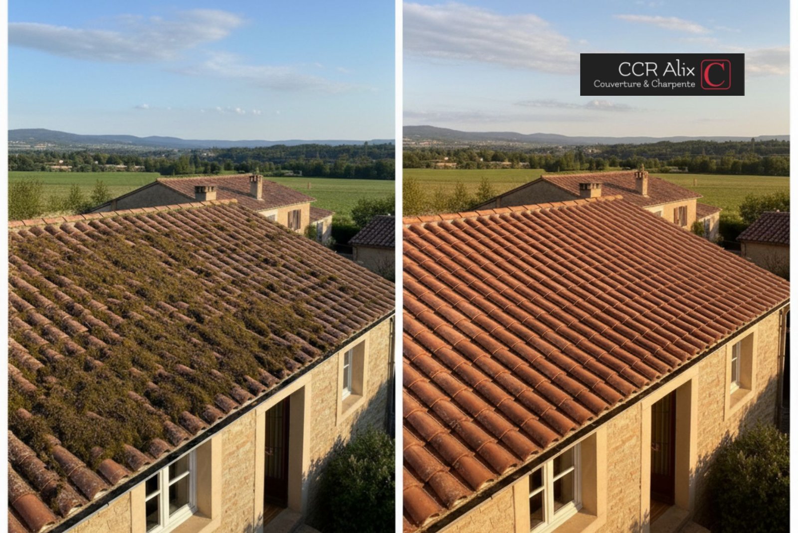 Démoussage toiture avant après Ain