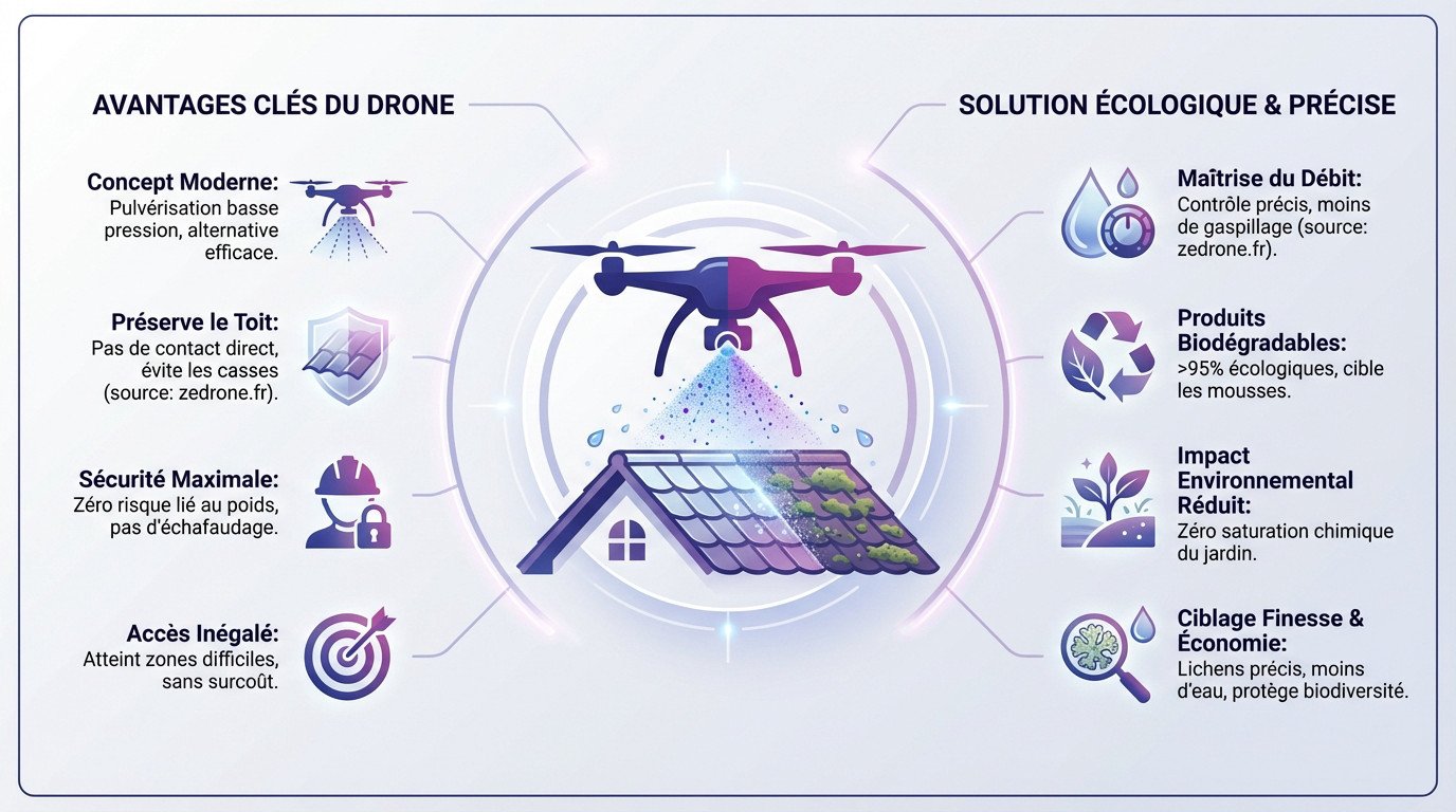 Drone effectuant un nettoyage de toiture précis et écologique sans contact avec les tuiles
