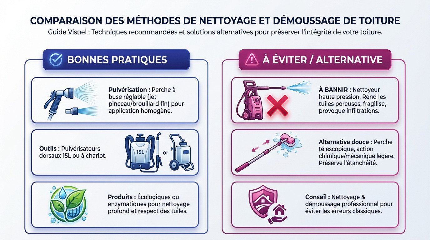 Comparaison visuelle entre nettoyage haute pression et méthode douce par pulvérisation sur toiture