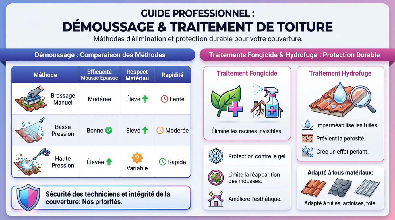 Technicien réalisant un démoussage de toiture professionnel avec équipement de sécurité