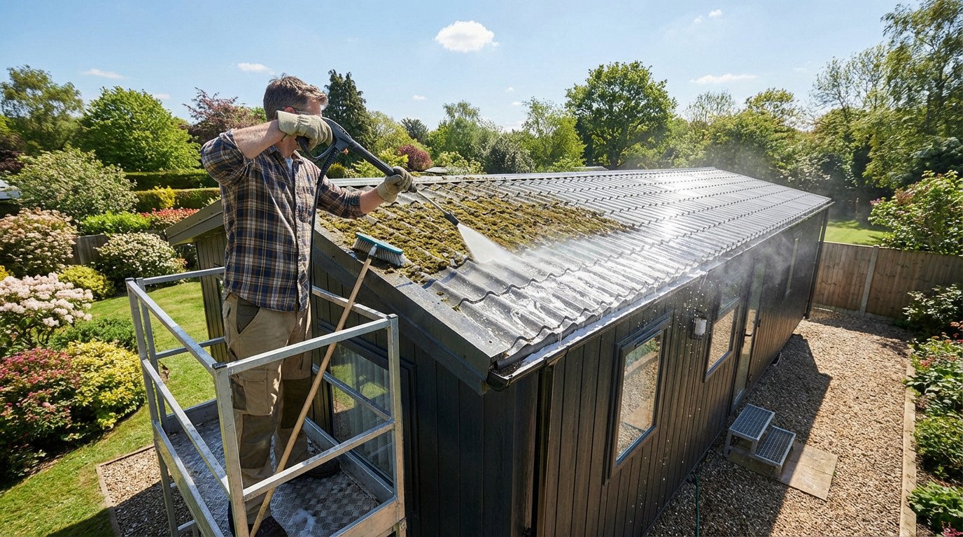 Person on a platform pressure washing green moss from a modern mobile home roof, revealing a clean section under bright daylight.