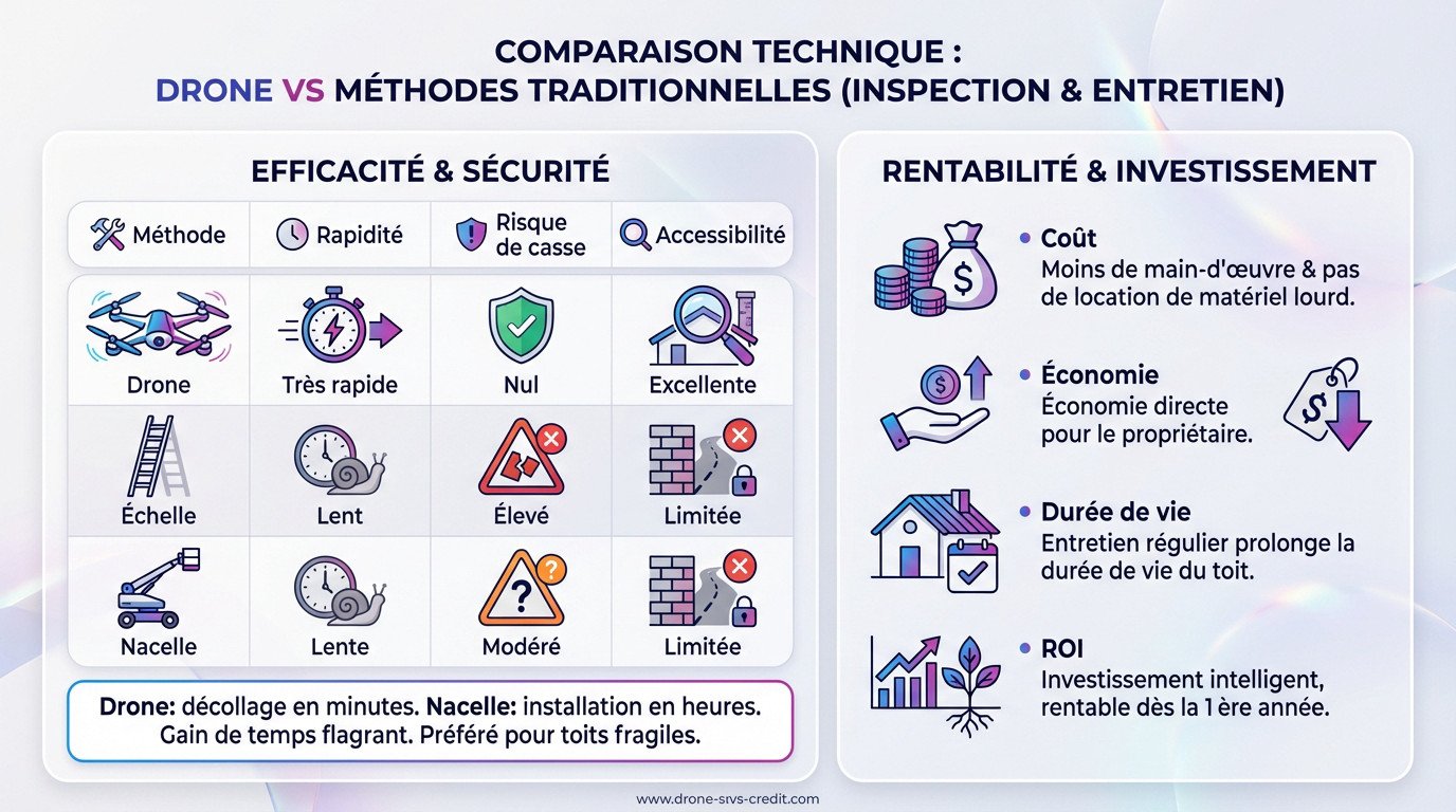 Comparaison entre un drone inspectant une toiture et une intervention traditionnelle sur échelle