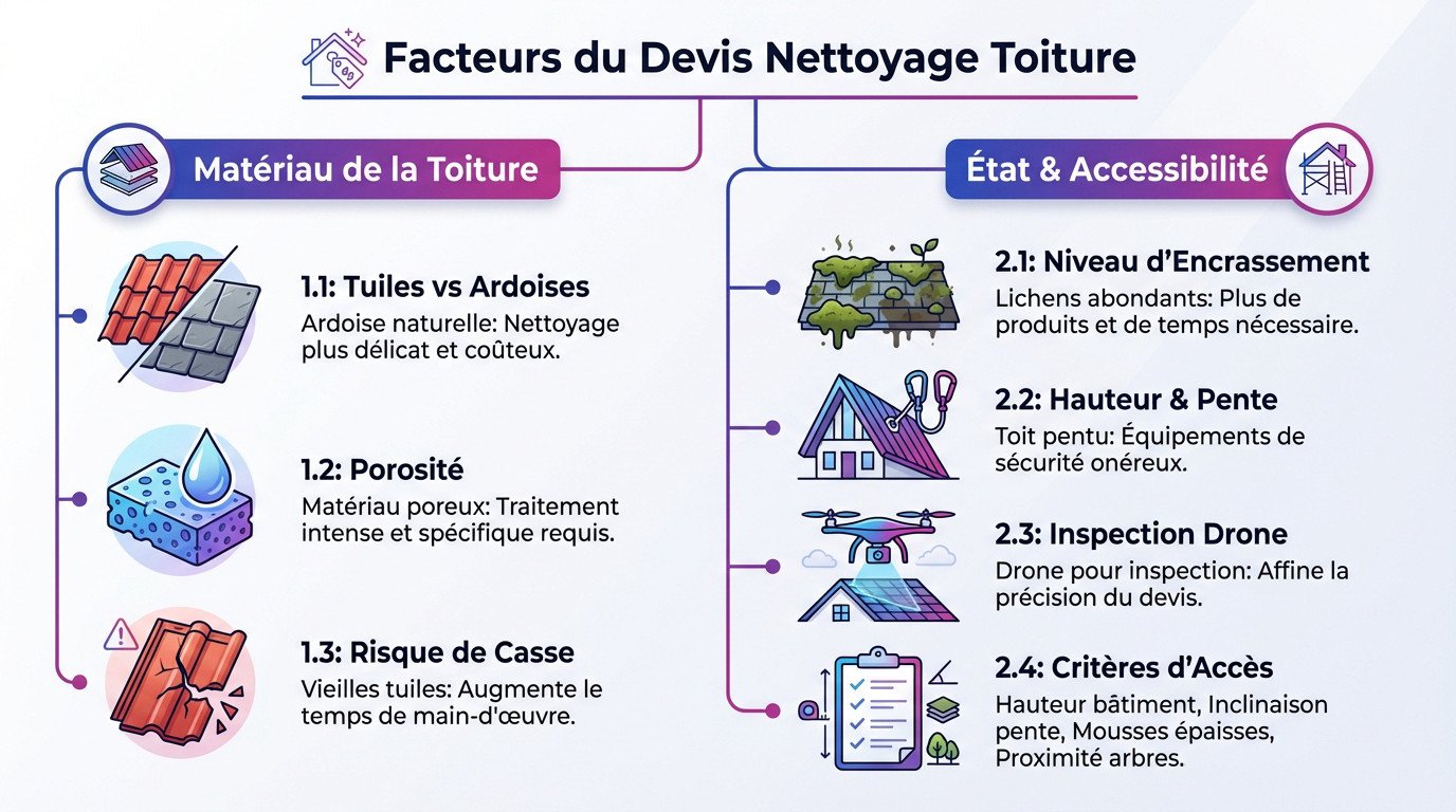 Facteurs influençant le devis de nettoyage de toiture comme la pente et les matériaux