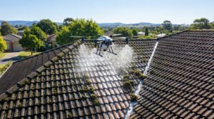 A sleek drone sprays cleaning solution onto a dark, moss-covered residential roof under bright sun, showing cleaner sections. Suburban view.