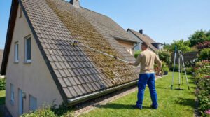 Homme nettoyant une toiture moussue avec une perche télescopique. Des perches comparatives sont visibles dans un jardin ensoleillé.