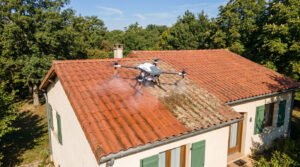 Drone de nettoyage moderne pulvérisant un toit en tuiles terracotta d'une maison française, avec une section propre et une section moussue.