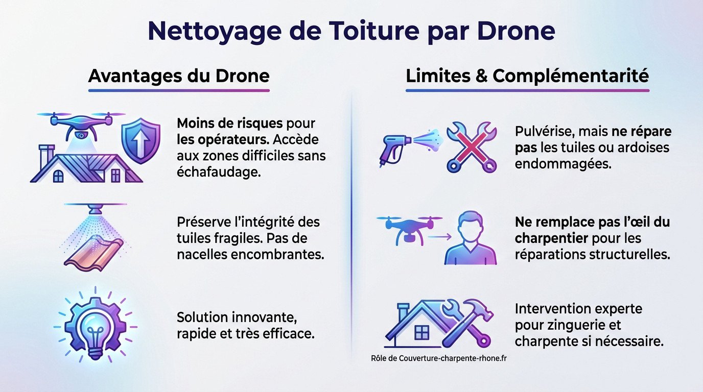 Drone pulvérisant un produit nettoyant sur une toiture de maison sans échafaudage