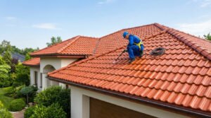 Professional cleaning vibrant terracotta roof of a modern house, worker in blue overalls pressure washing under clear sky.
