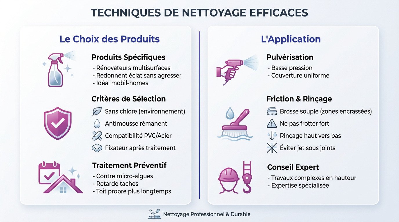 Technicien effectuant un nettoyage professionnel de toiture de mobil-home avec une brosse souple