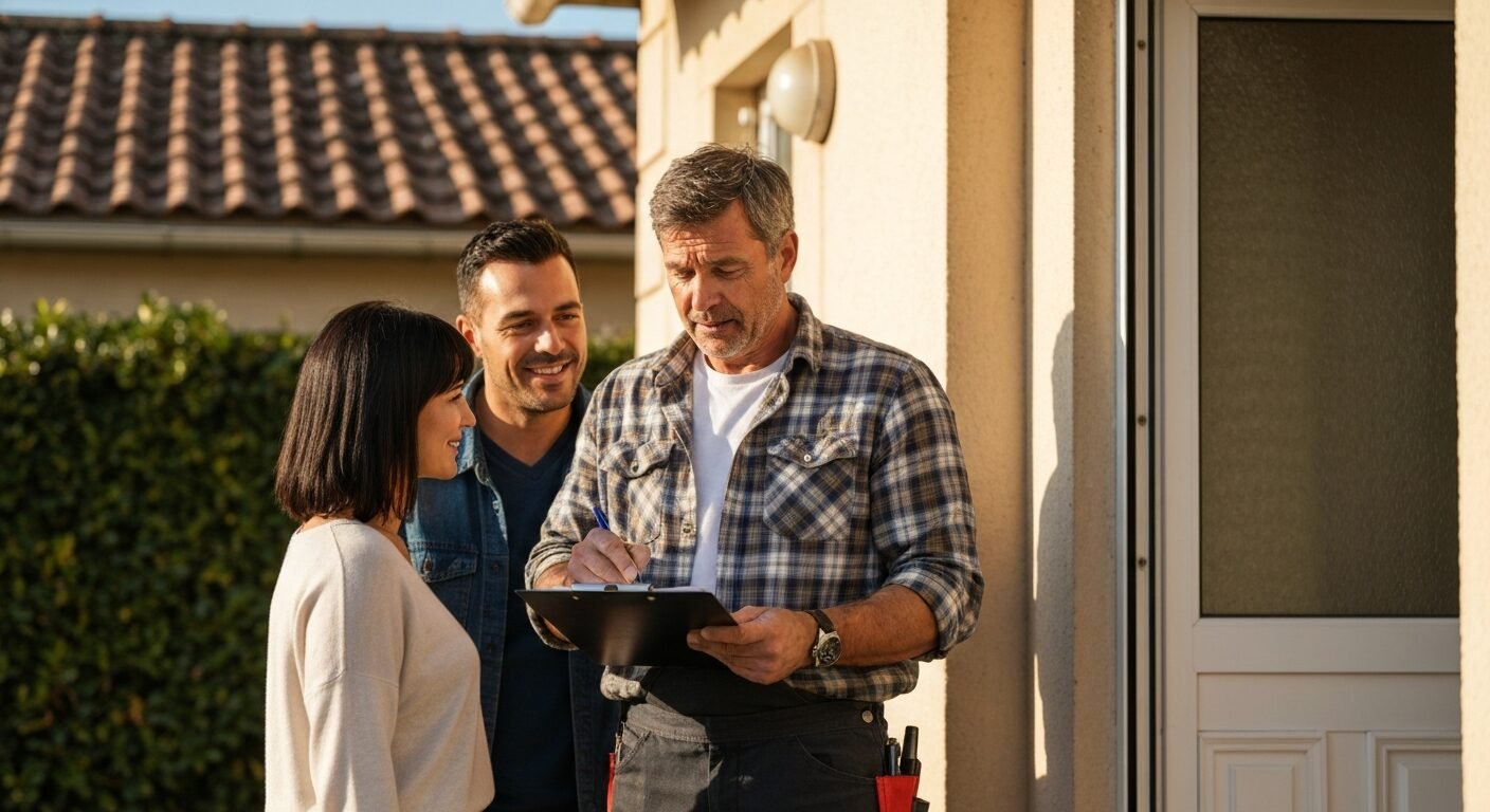 Artisan couvreur présentant un devis à des propriétaires dans l'Ain