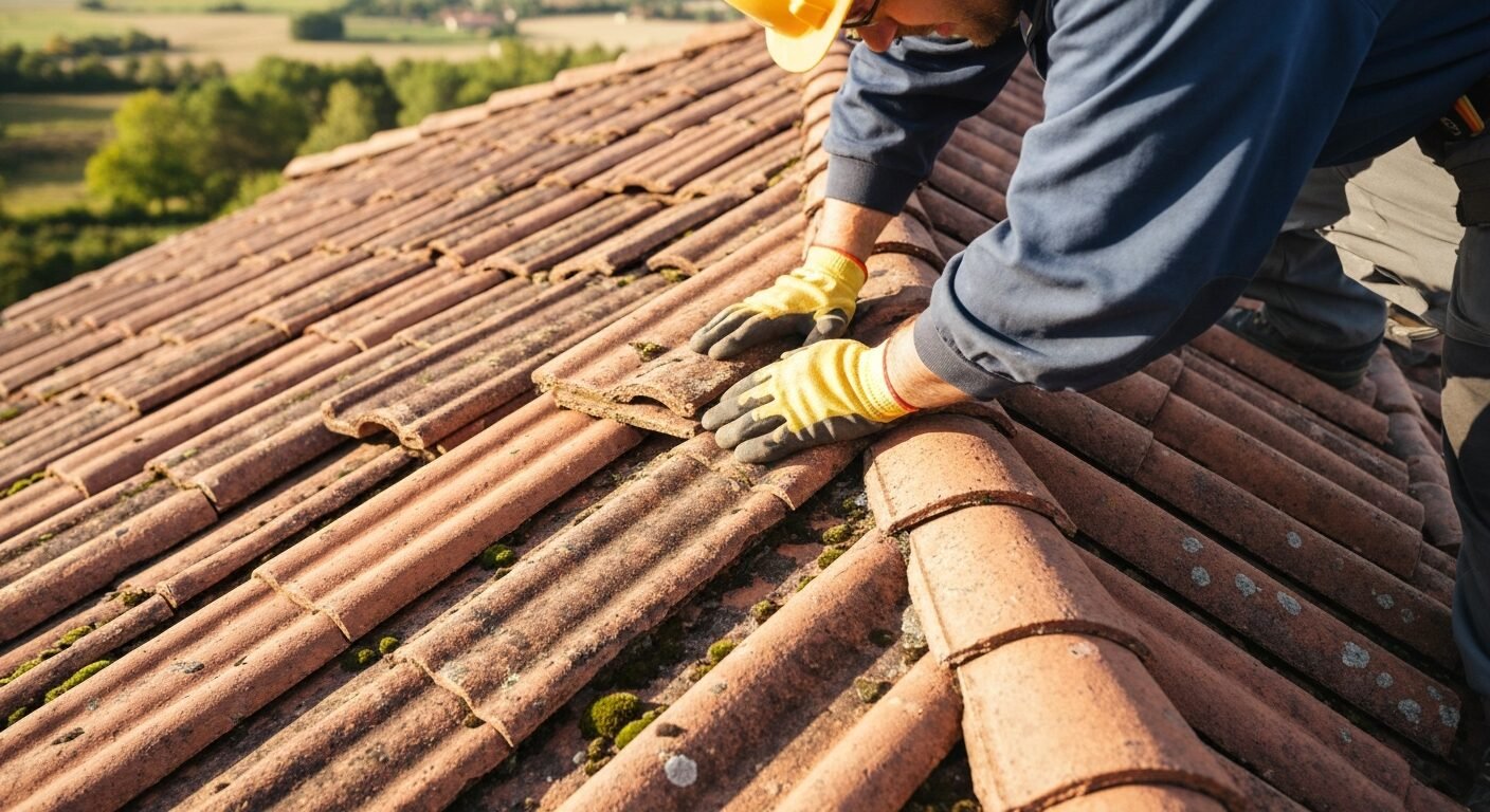 Couvreur inspectant des tuiles en terre cuite sur une toiture