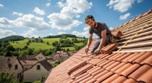 Couvreur professionnel travaillant sur un toit en tuiles dans un village de l Ain